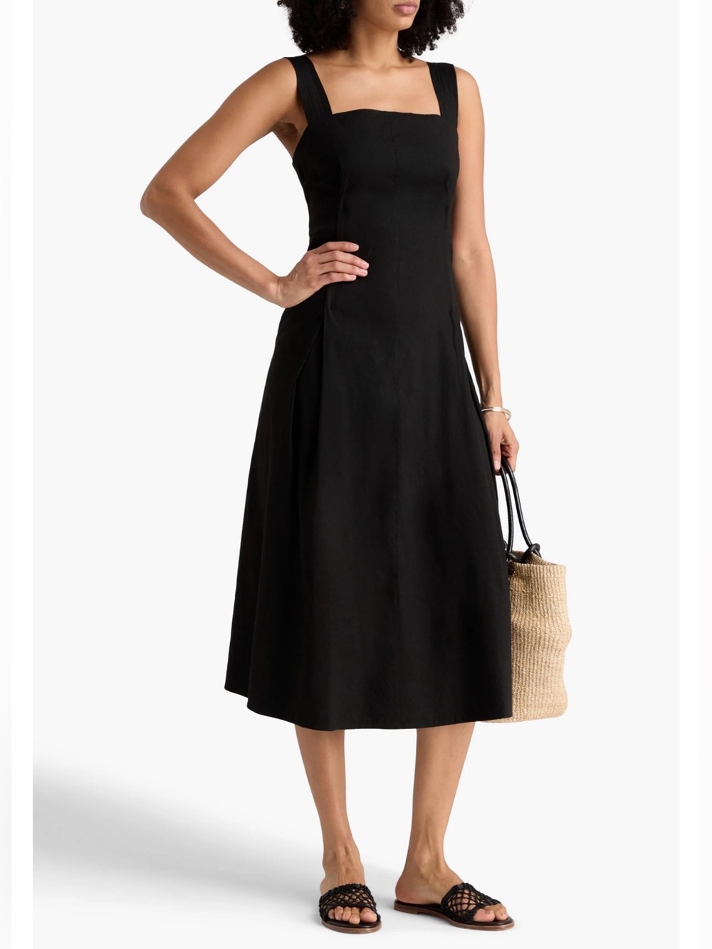 NWT Vince Linen-Blend Pleated Midi Dress | Black | Size 8